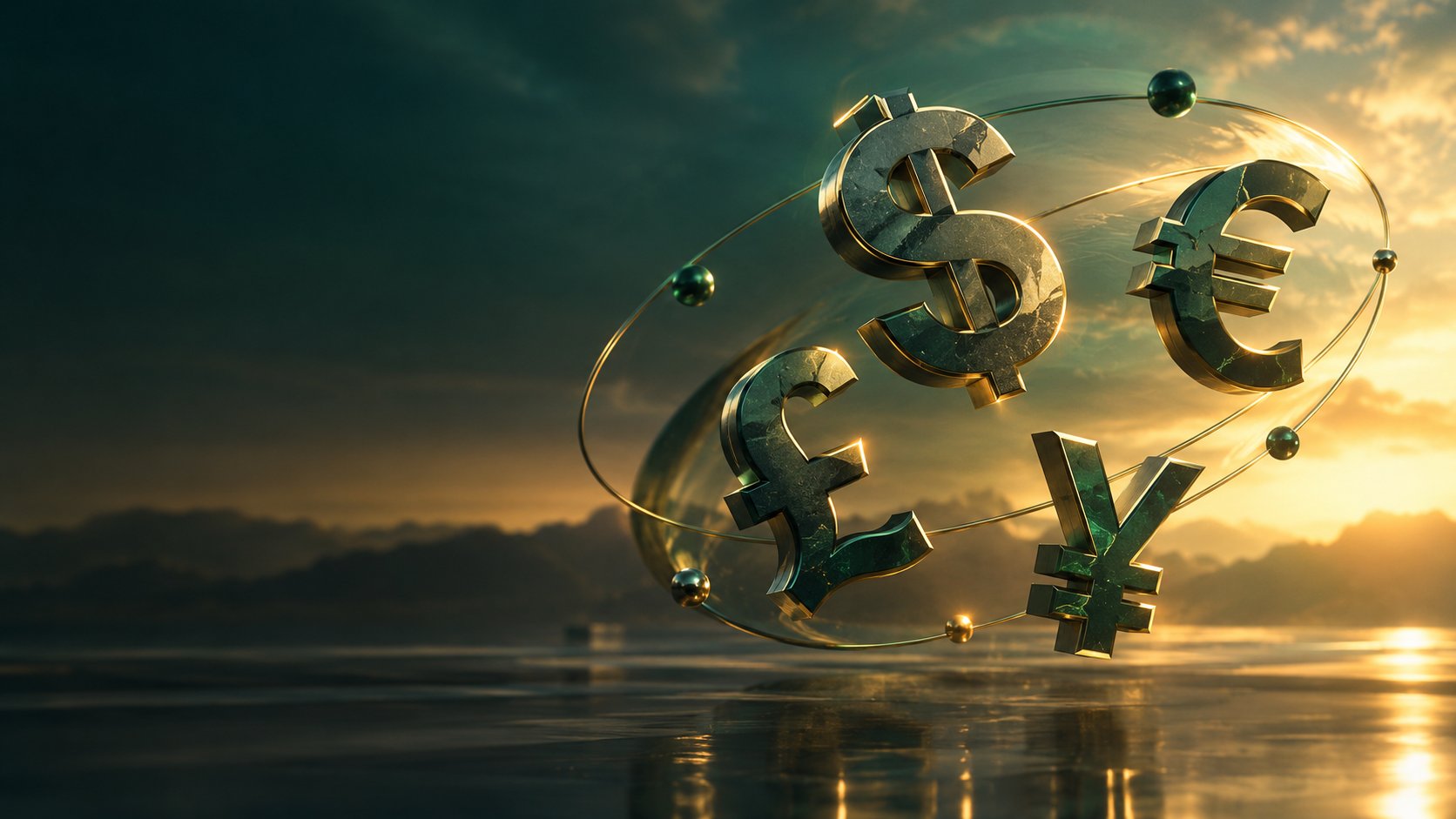 Floating 3d currency symbols of the dollar euro pound and yen orbiting each other